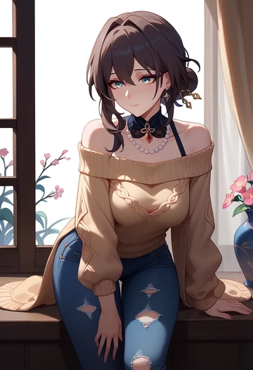 star rail,ruan mei,sweater,off-shoulder,ripped jeans  - AI generated anime art